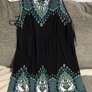 Black Sleeveless Dress with Blue and Green Pattern